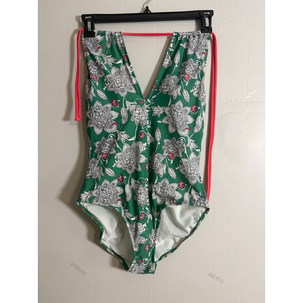Boden Size 10 Green One Piece Swim Suit Black White Floral Pink Tie Neck